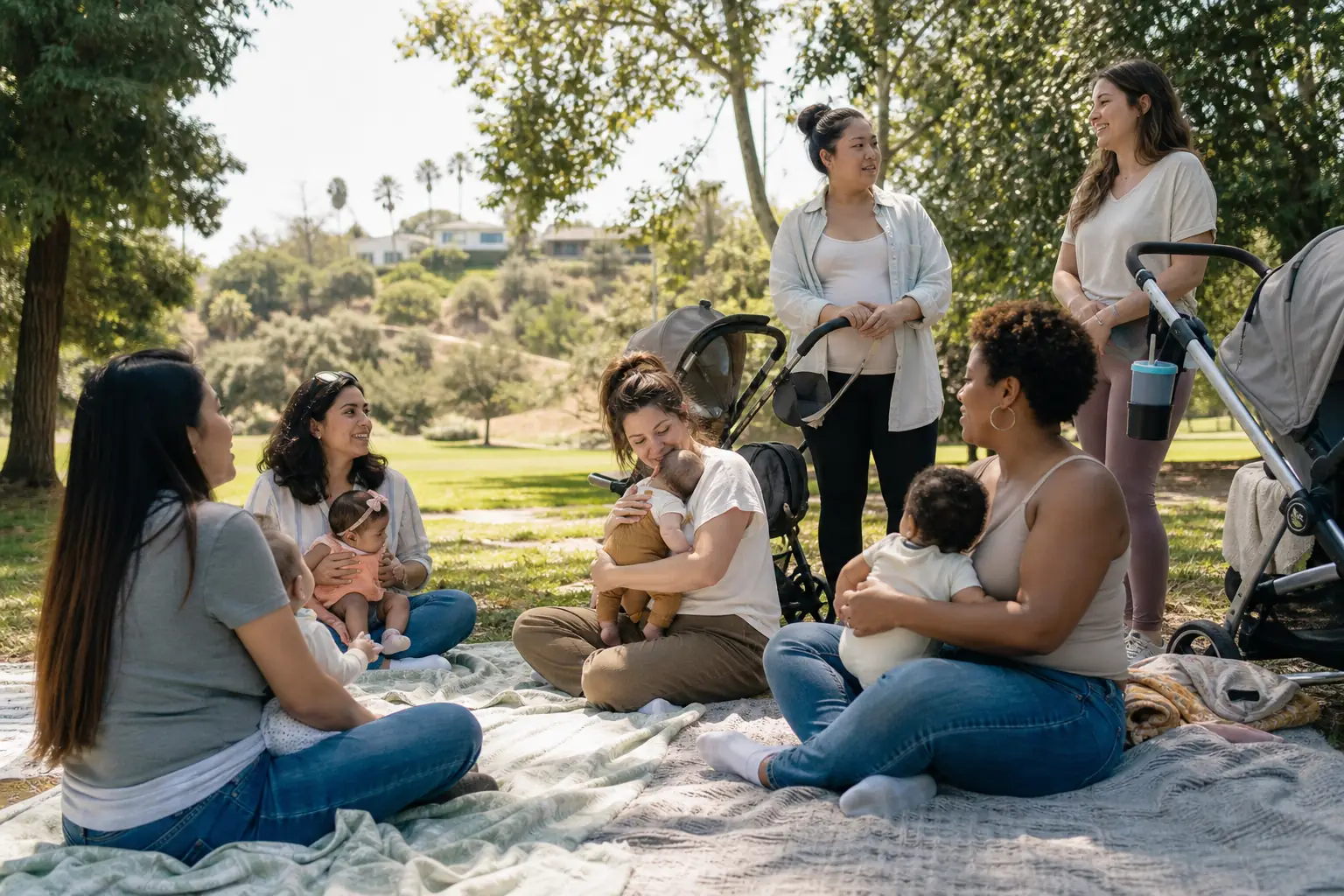 New mothers and babies sharing a relaxed morning in a Los Angeles park