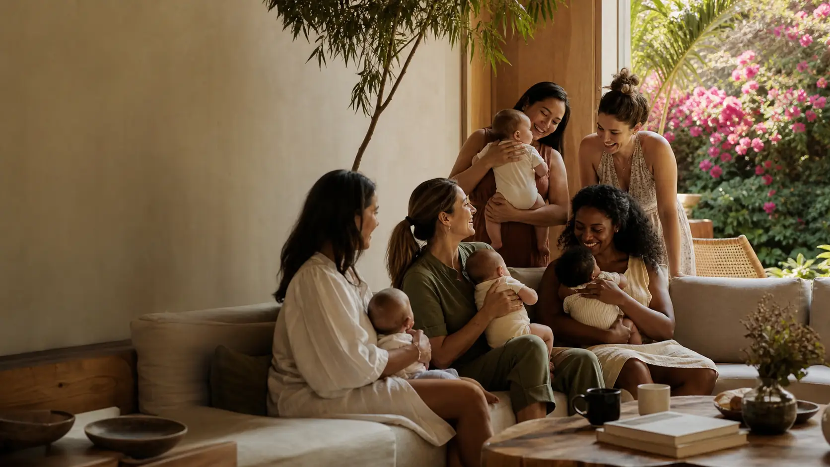 A warm gathering of new mothers and babies in a sunlit Los Angeles home