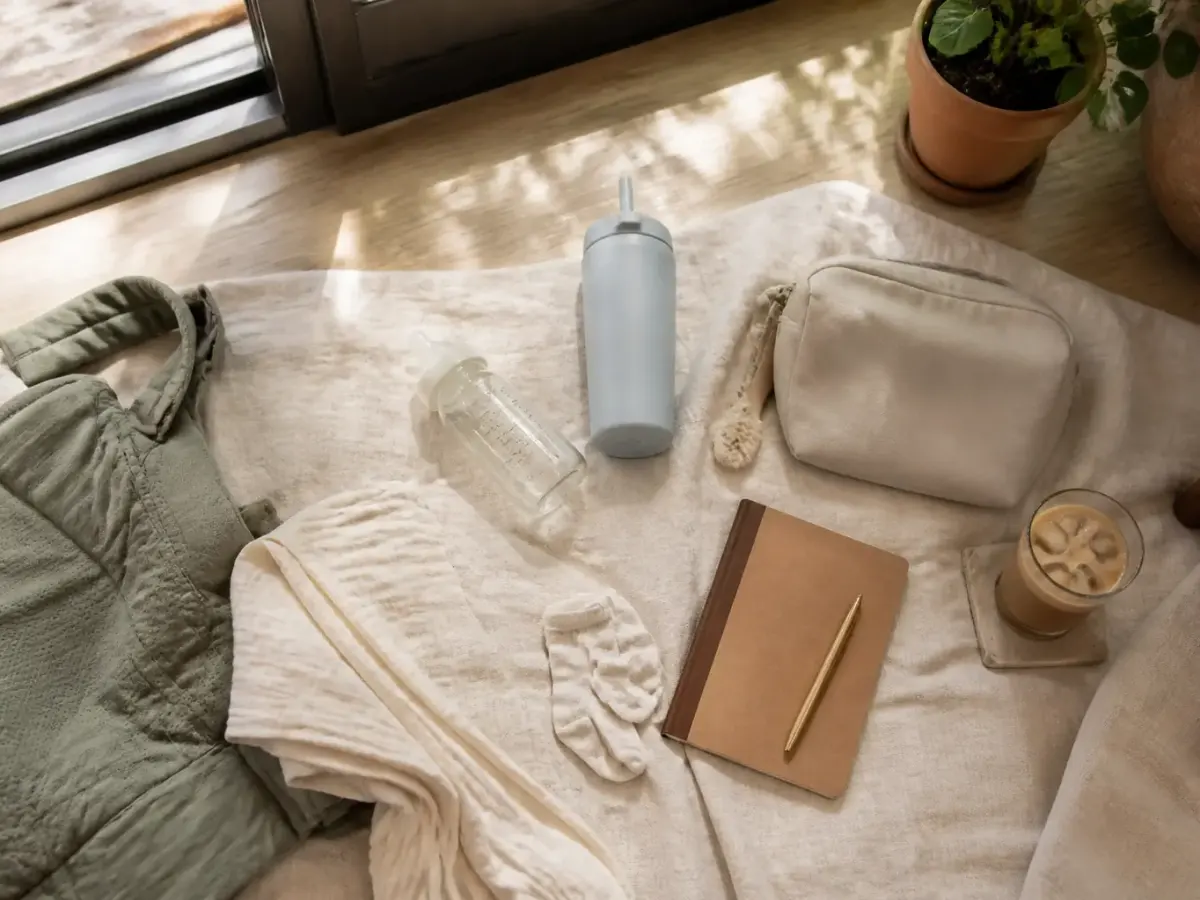Unbranded flat lay of practical pregnancy, postpartum, and baby essentials