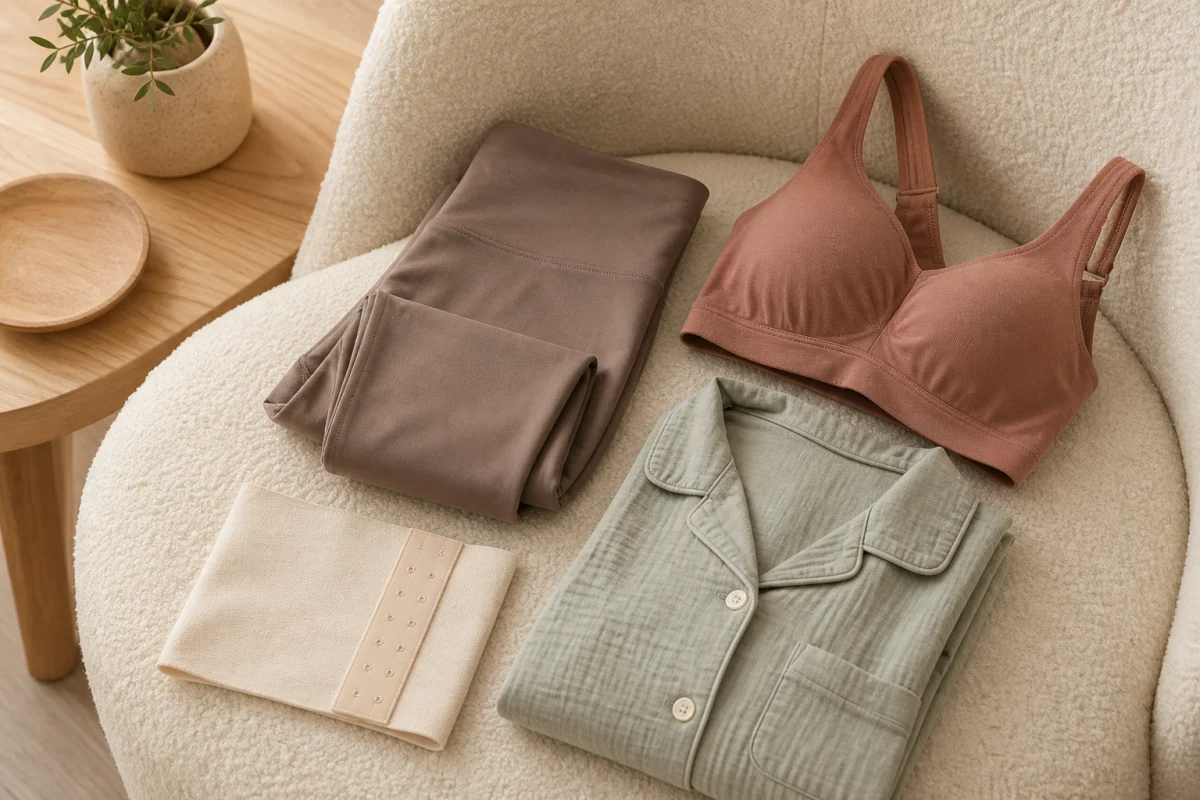 Illustrative flat lay of unbranded baby play and comfort essentials
