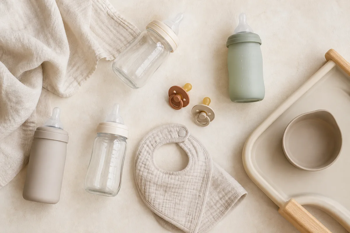 Illustrative flat lay of unbranded nursing, pumping, and feeding essentials