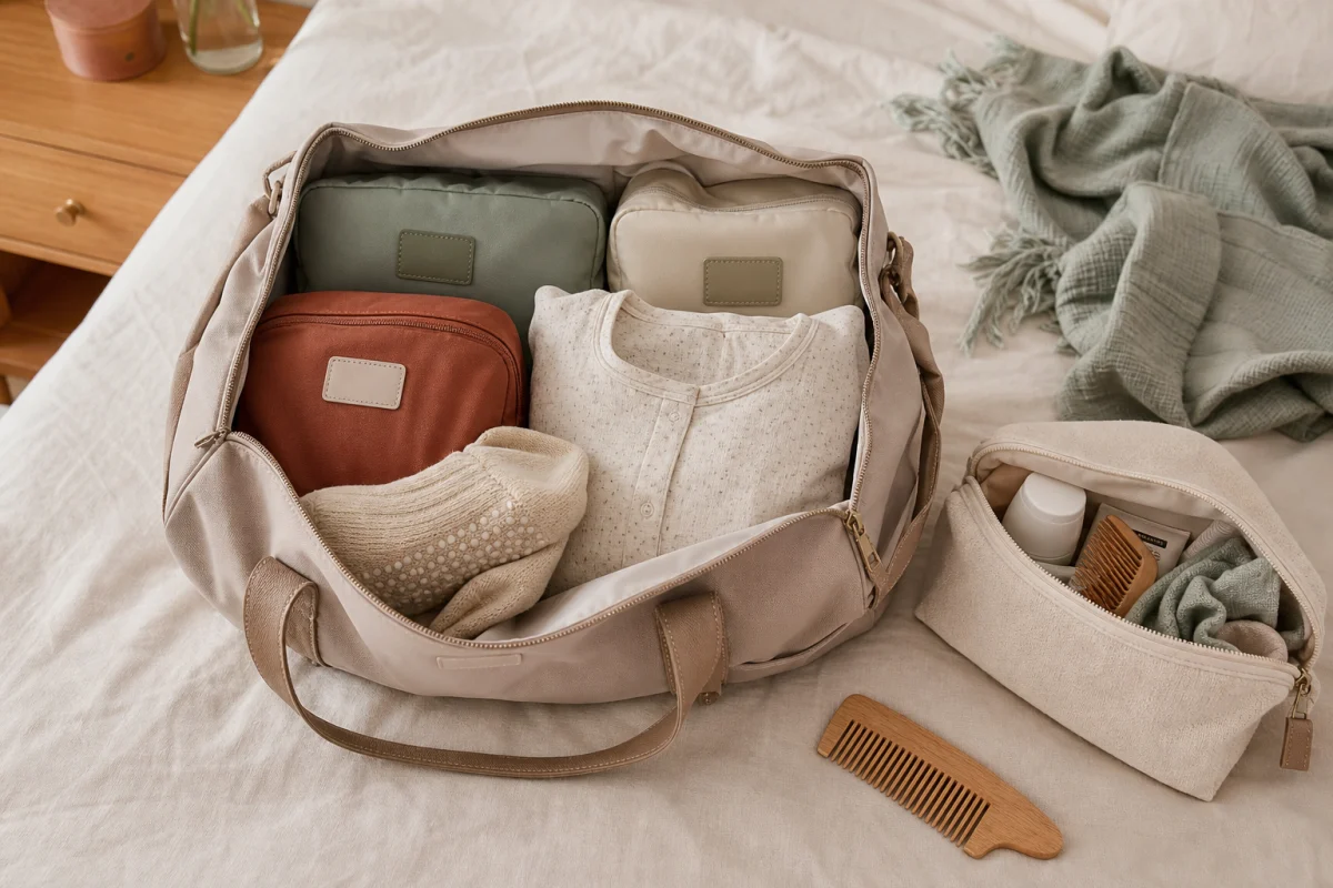 Illustrative flat lay of an unbranded hospital bag and packing essentials