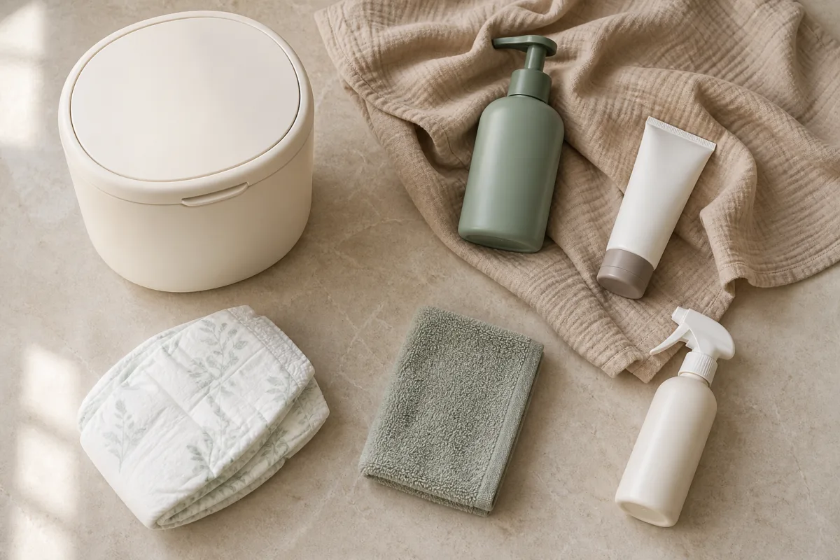 Illustrative flat lay of unbranded newborn feeding and daily-care essentials