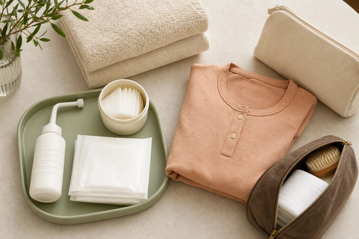 Illustrative flat lay of unbranded postpartum comfort and recovery supplies