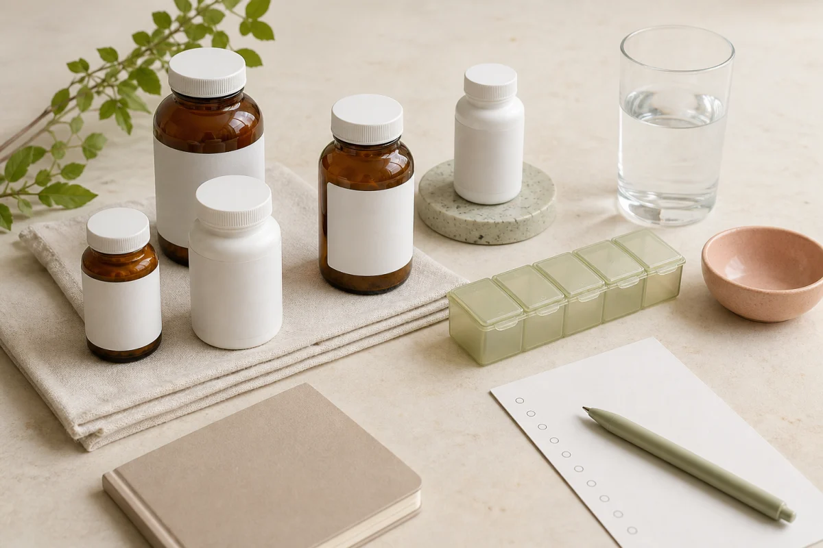 Illustrative flat lay of unbranded pregnancy planning essentials