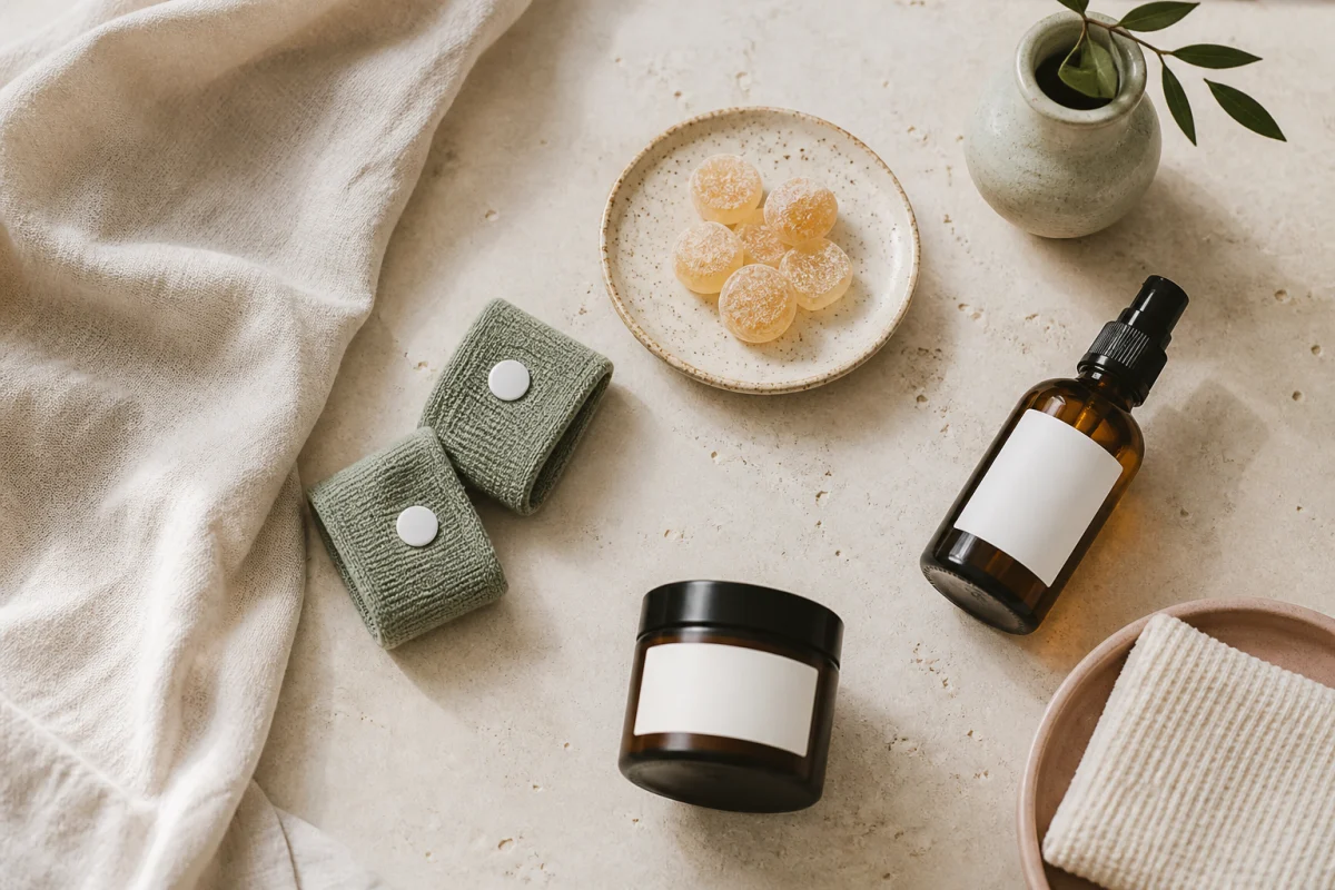 Illustrative flat lay of unbranded late-night baby care supplies