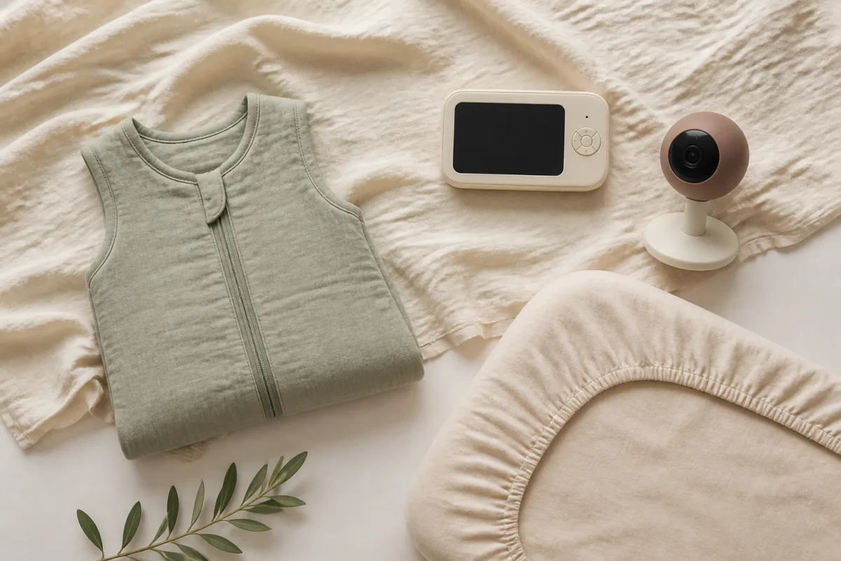 Illustrative flat lay of an unbranded nursery, sleep, and monitoring setup