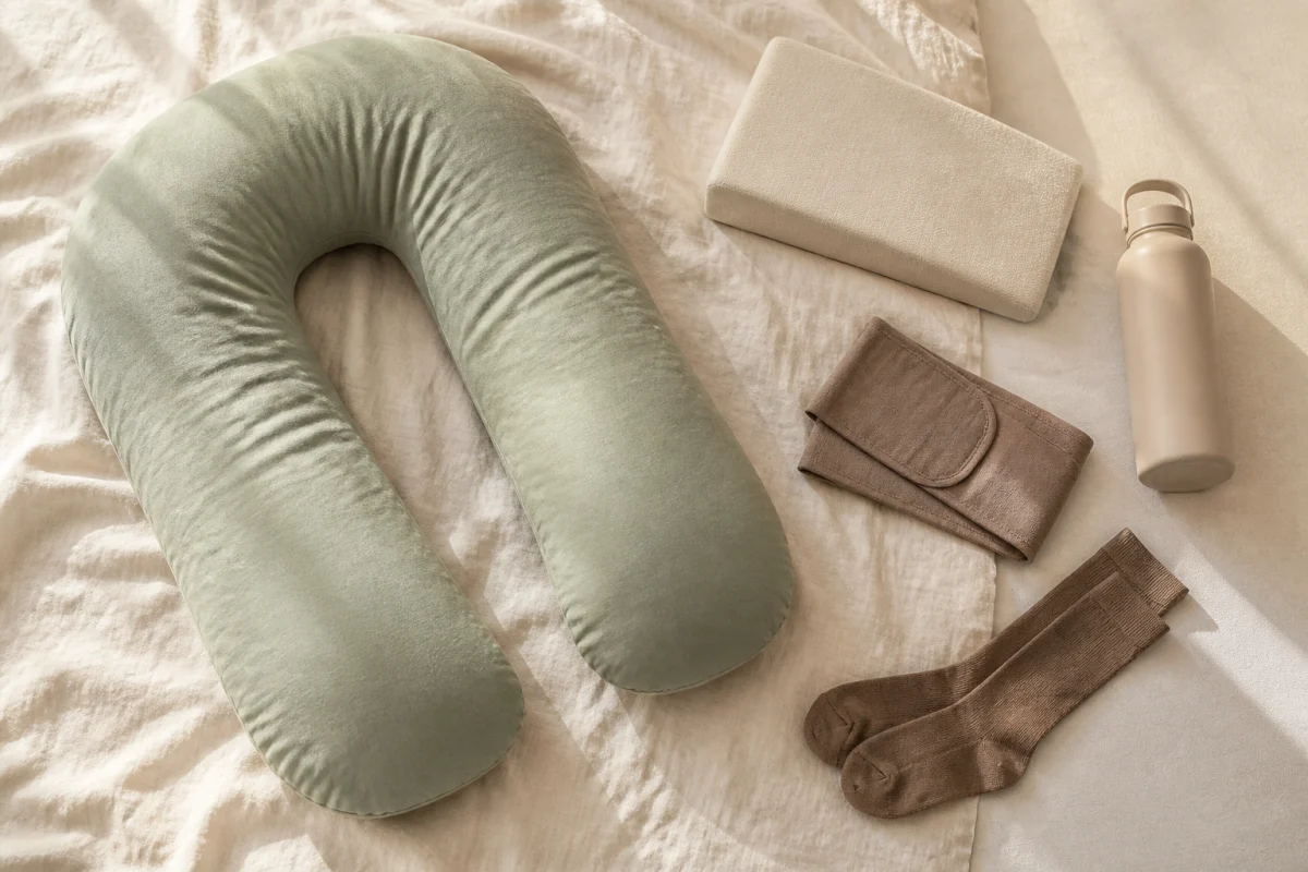 Illustrative flat lay of unbranded larger baby gear and comfort essentials